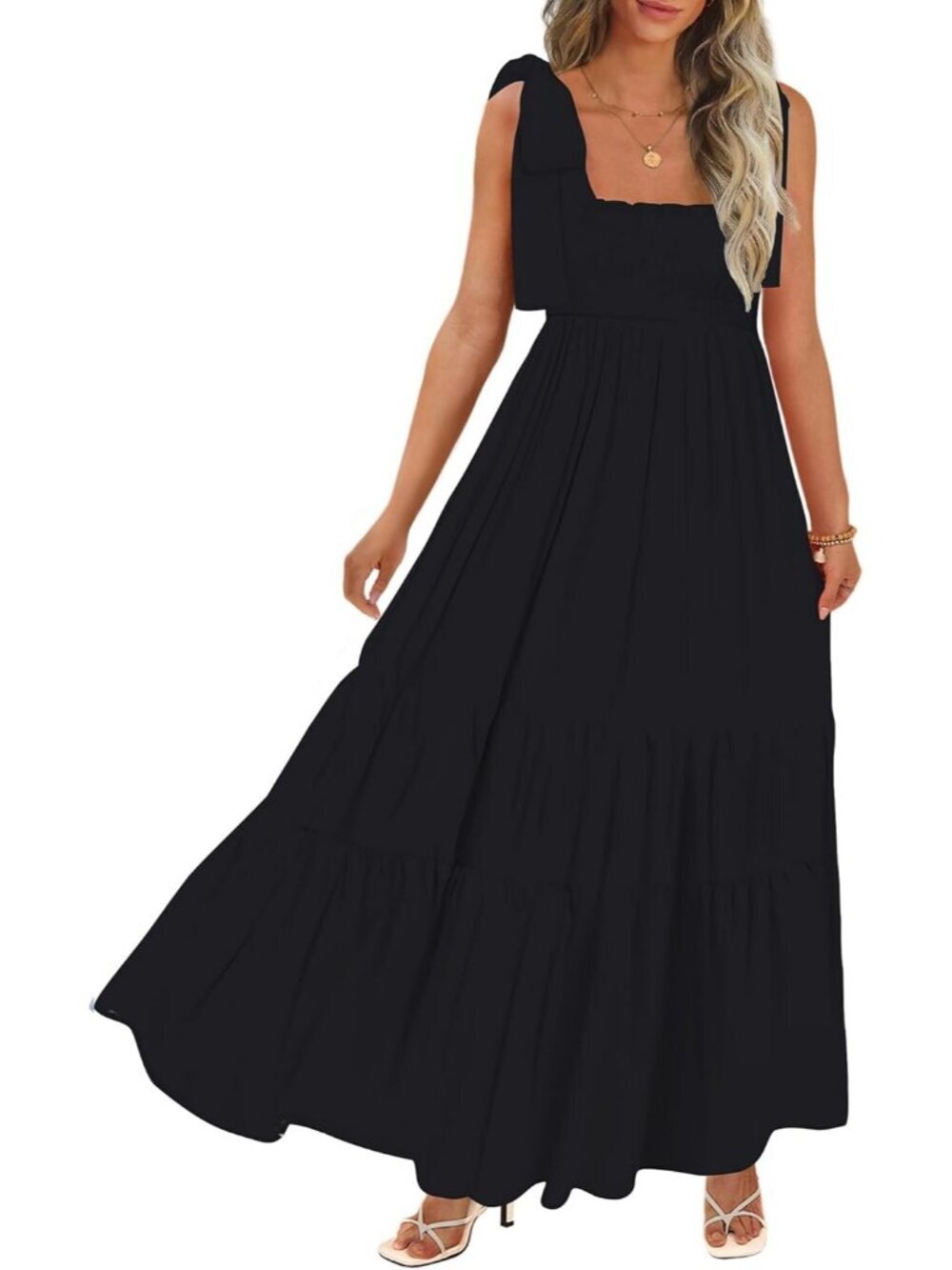 Women's Black Boho Spaghetti Straps Flowy Casual Long A-line Maxi Dress